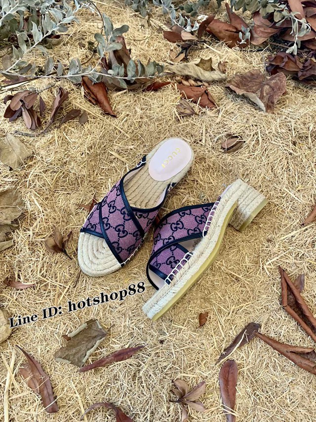 gucci彩色雙G提花環保水洗丹寧面料女士拖鞋 古馳2021早秋gucci系列草編涼鞋 dx1074